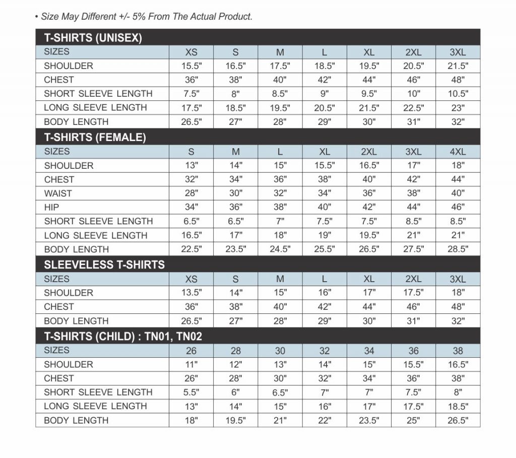 T-Shirt Size Chart | Singlomax Apparel